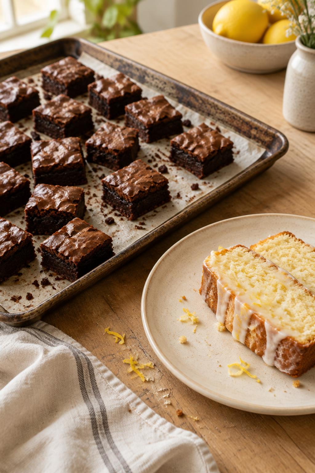 A tray of brownie bites beside slices of glazed lemon loaf