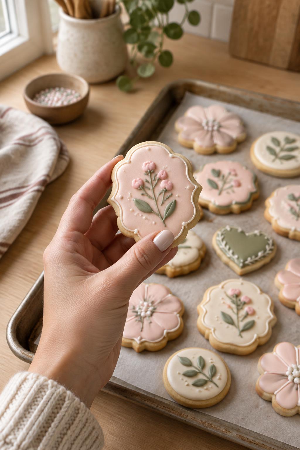 A hand holding a decorated sugar cookie over a tray of more cookies