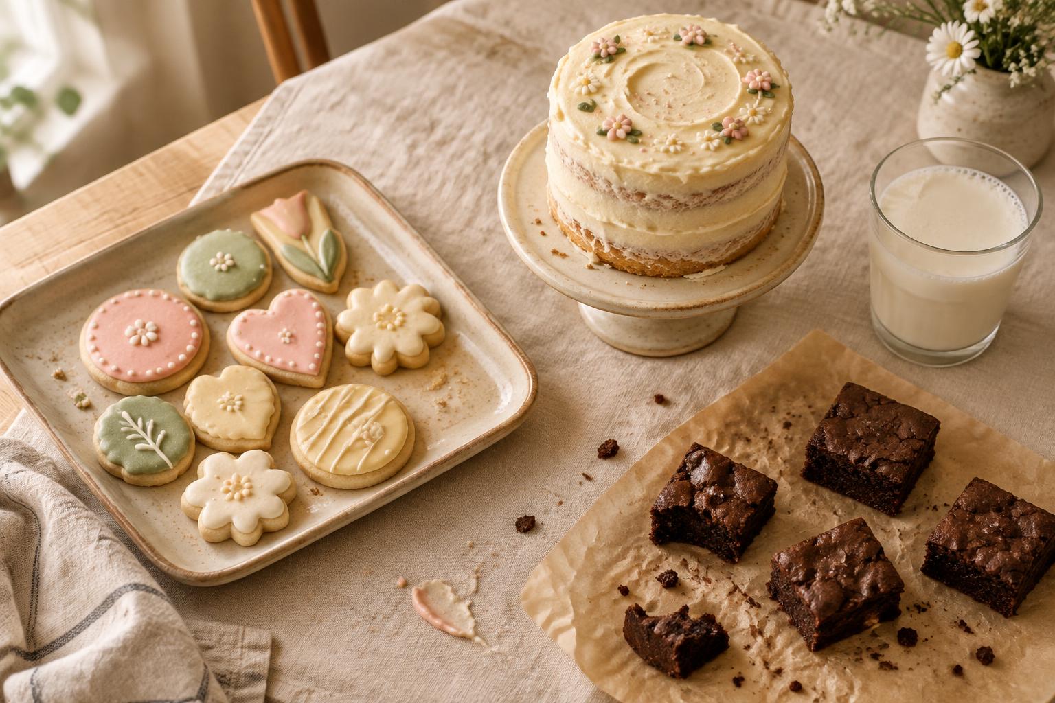 A spread of decorated cookies, a mini cake, brownie bites and a glass of milk on a cream tablecloth
