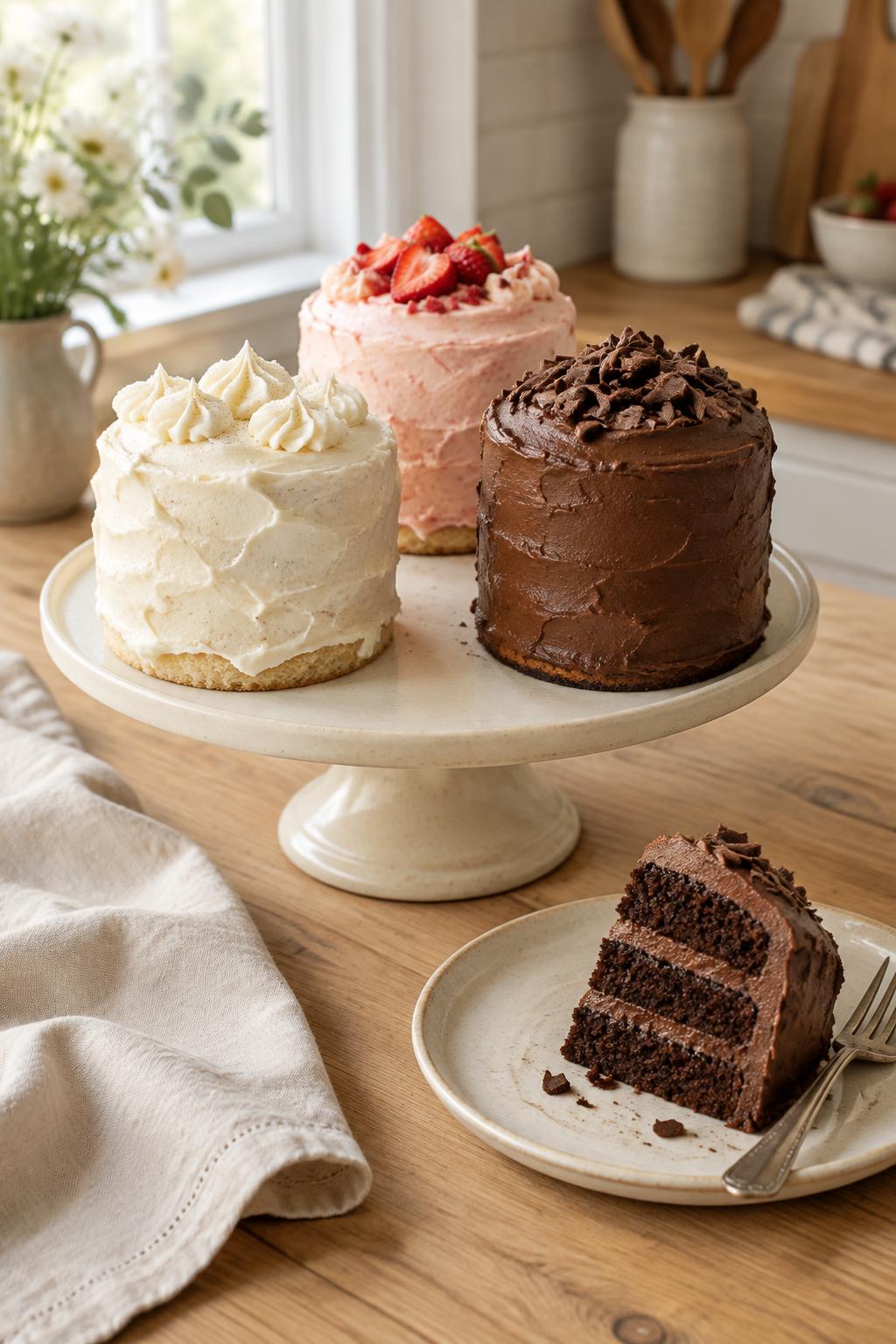 Three mini layer cakes with different frostings on a cake stand